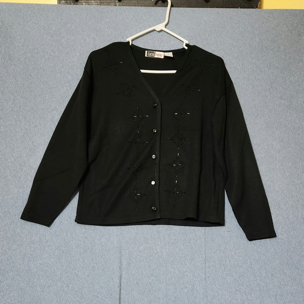 Vintage Lucia black beaded cardigan sweater. Size small